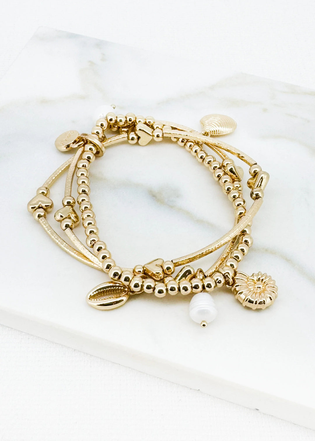 Layered Gold Heart & Shell Charm Bracelet