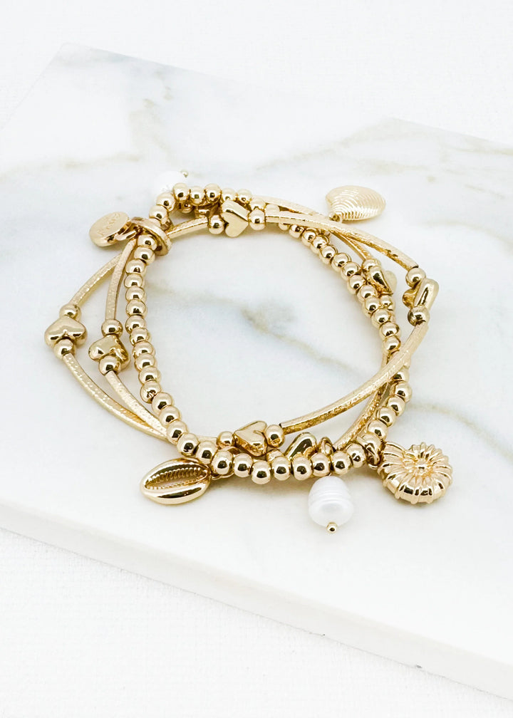 Layered Gold Heart & Shell Charm Bracelet