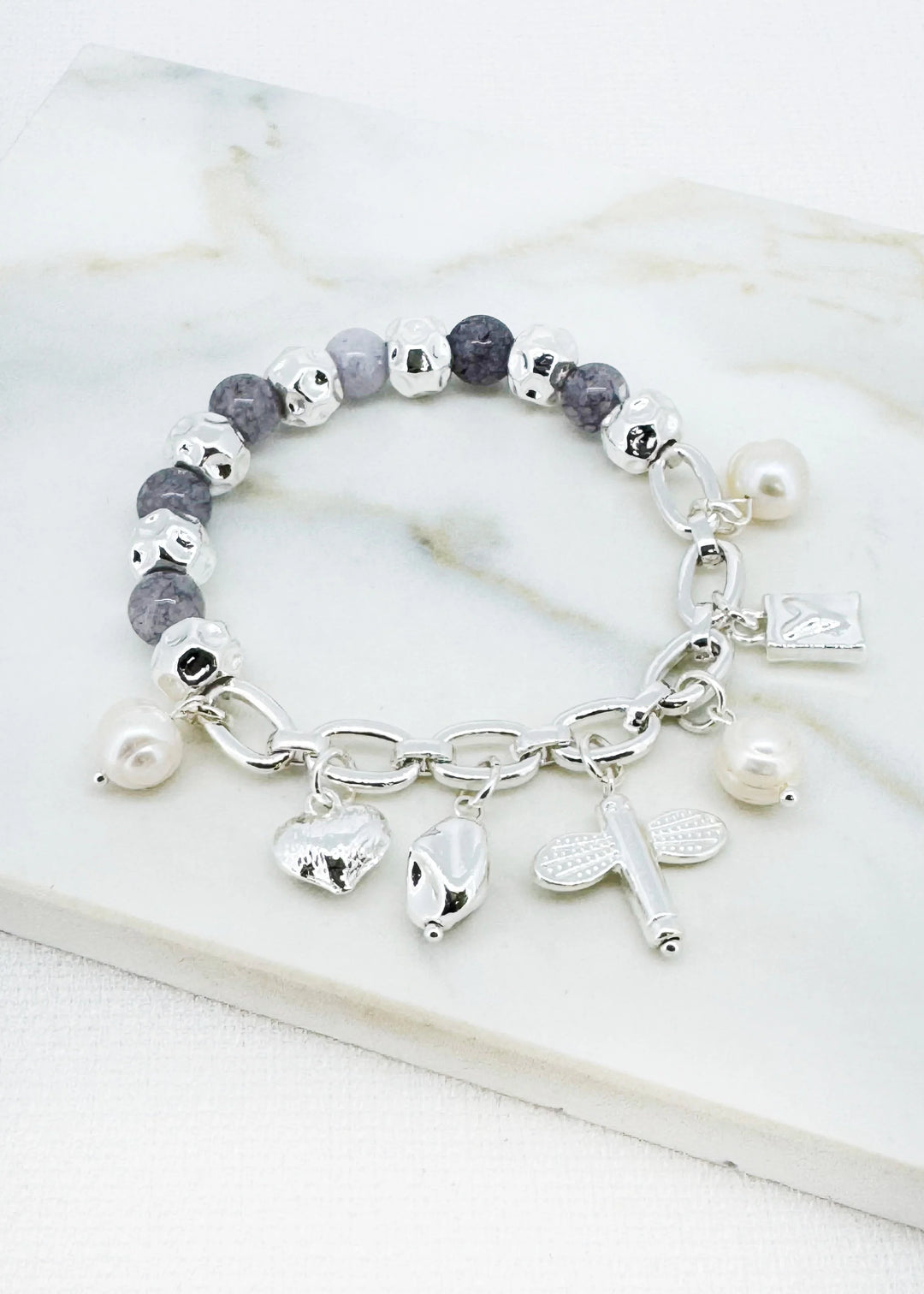 Silver Dragonfly Charm Pearl Bracelet