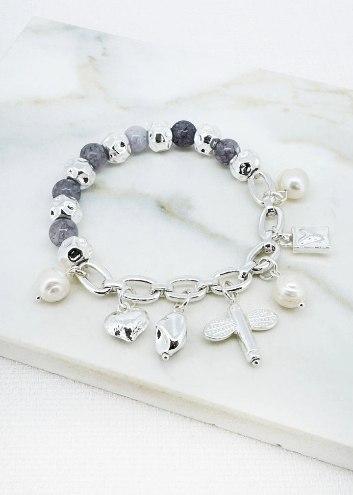 Silver Dragonfly Charm Pearl Bracelet