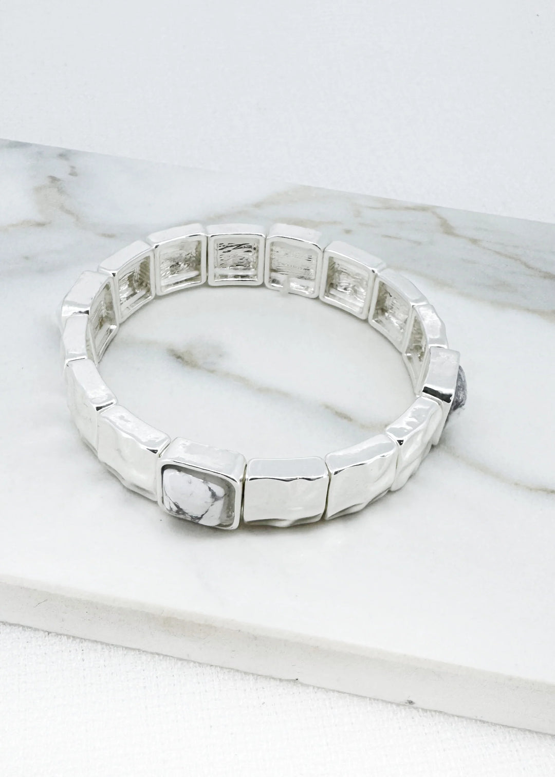 Silver & White Square Bead Bangle