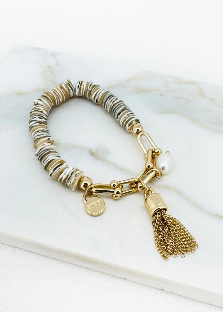 Beige Shell & Gold Tassel Bracelet