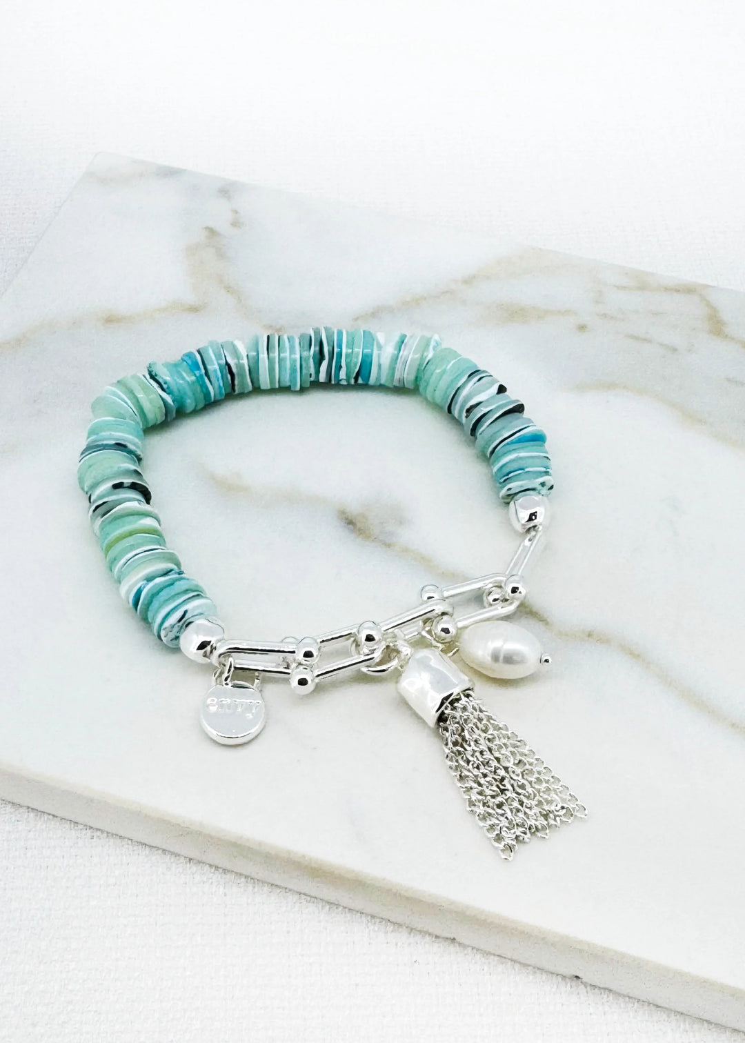 Turquoise Shell & Silver Tassel Bracelet