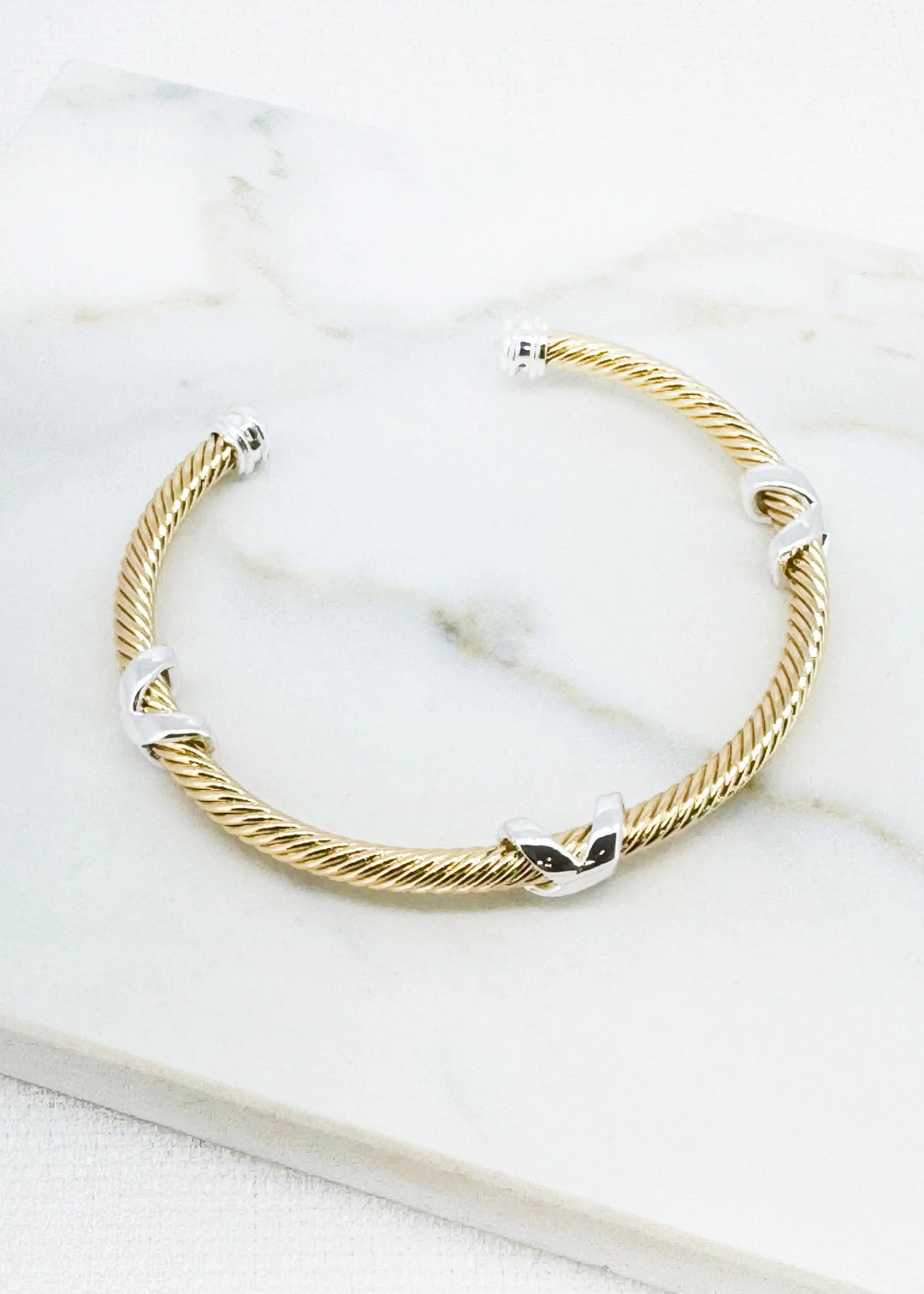 Gold & Silver Cross Textured Bangle