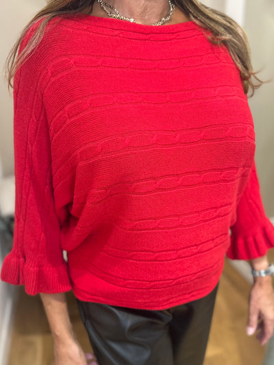 Red Cable Knit Frill Sleeve Jumper
