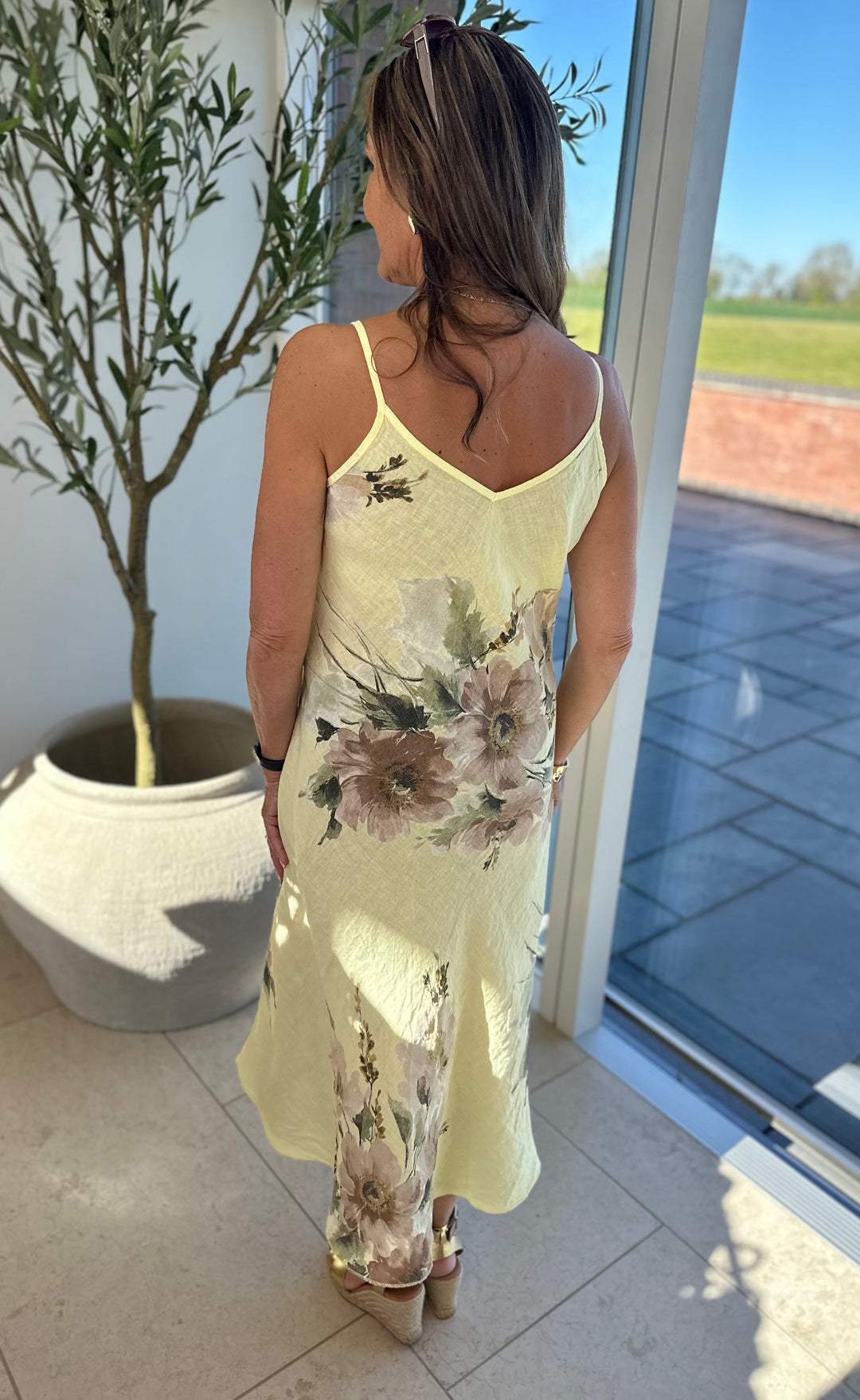 Yellow Linen Flower Print Sun Dress