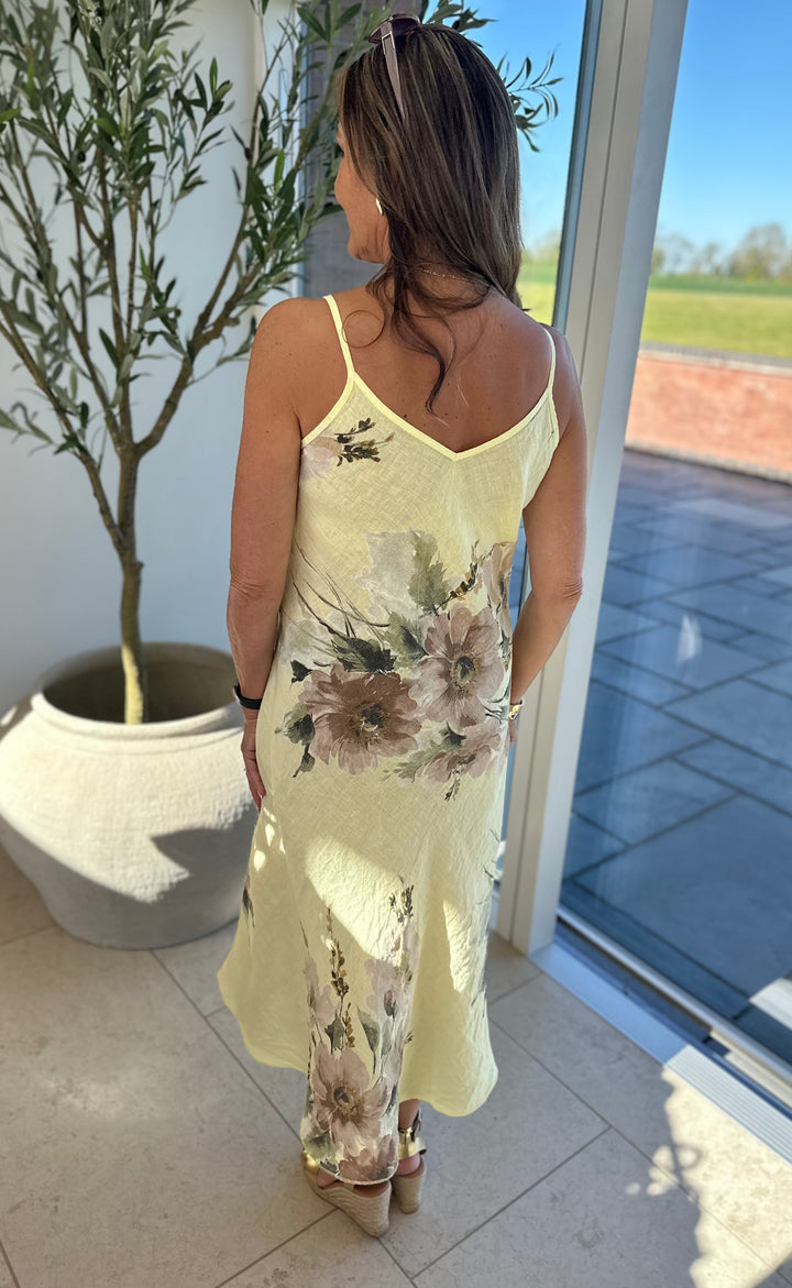 Yellow Linen Flower Print Sun Dress
