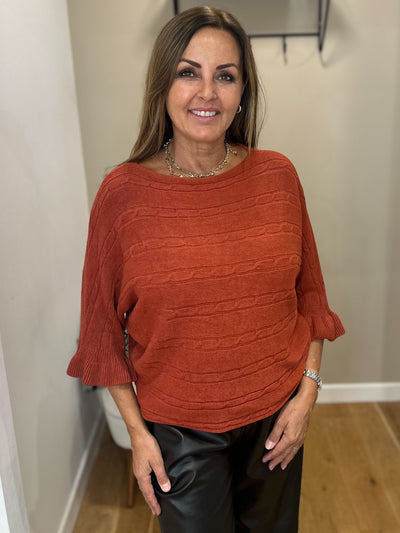 Rust Cable Knit Frill Sleeve Jumper