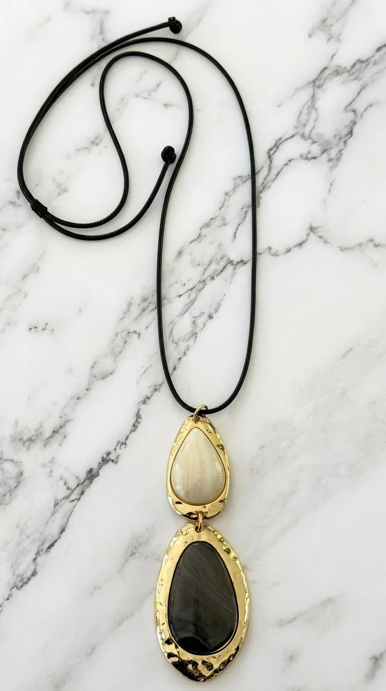 Grey & Cream Stone Black Cord Necklace