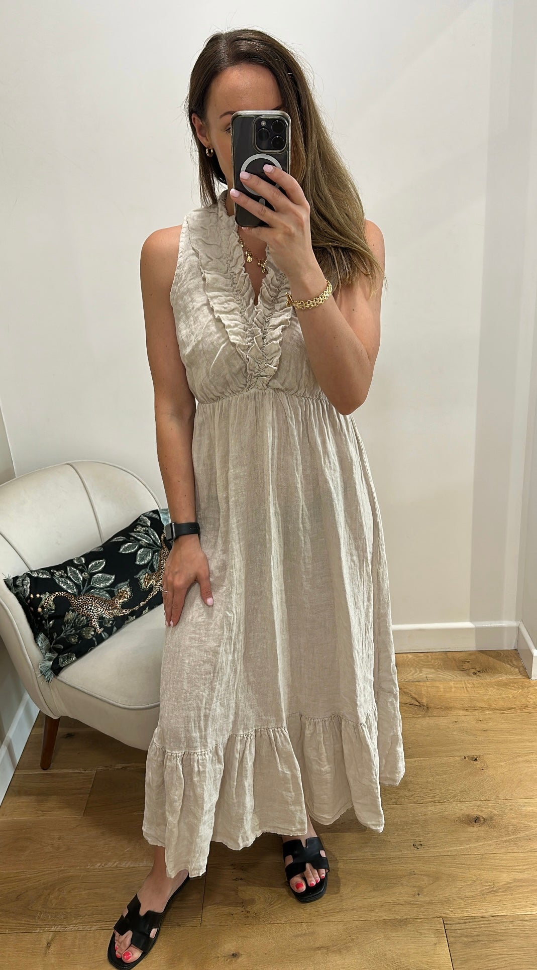Stone Linen Ruffle Neck Dress