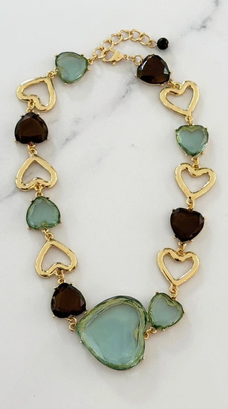 Green, Gold & Black Heart Short Necklace