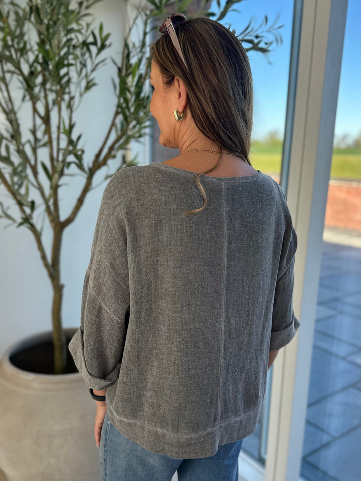 Charcoal Ruched Side Waffle Top