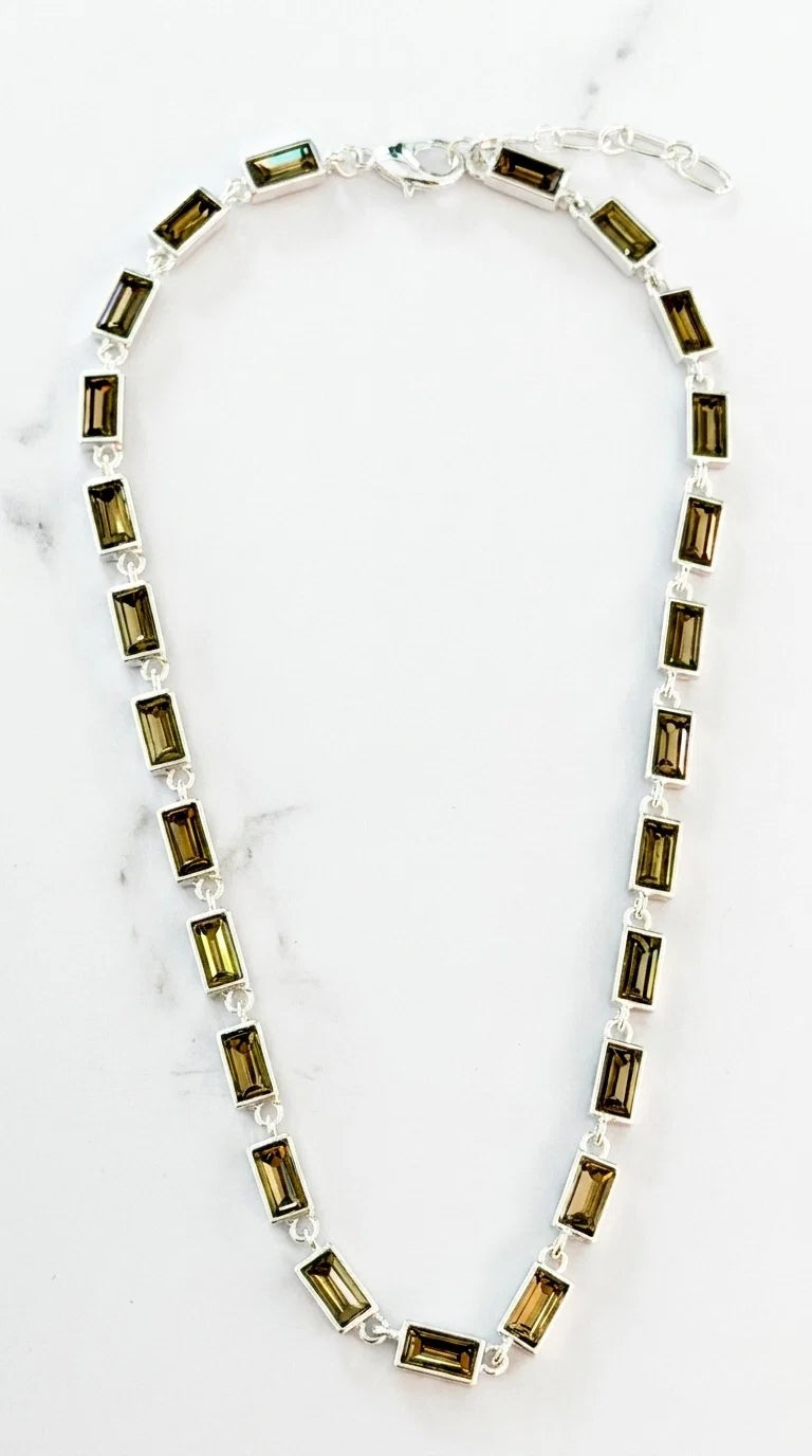 Silver Rectangle Crystals Necklace