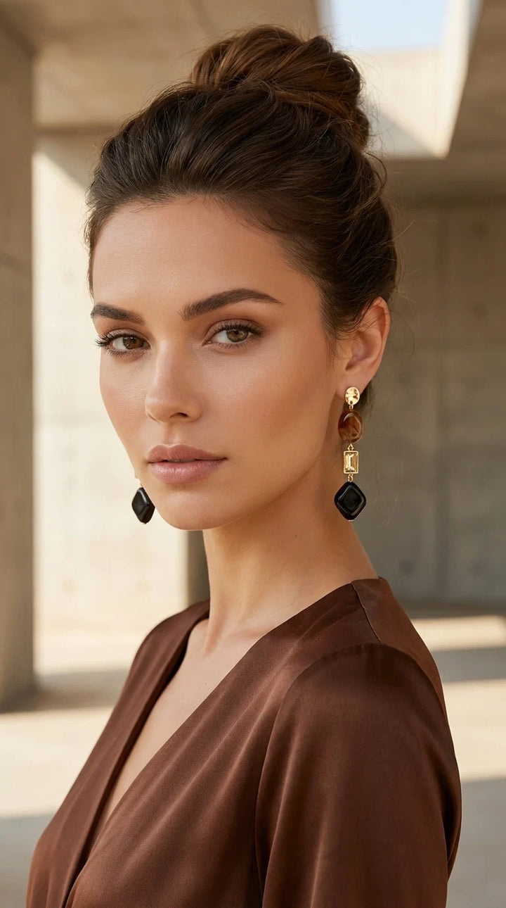 Gold, Brown, Black & Crystal Drop Earrings