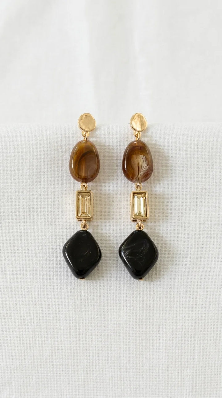 Gold, Brown, Black & Crystal Drop Earrings