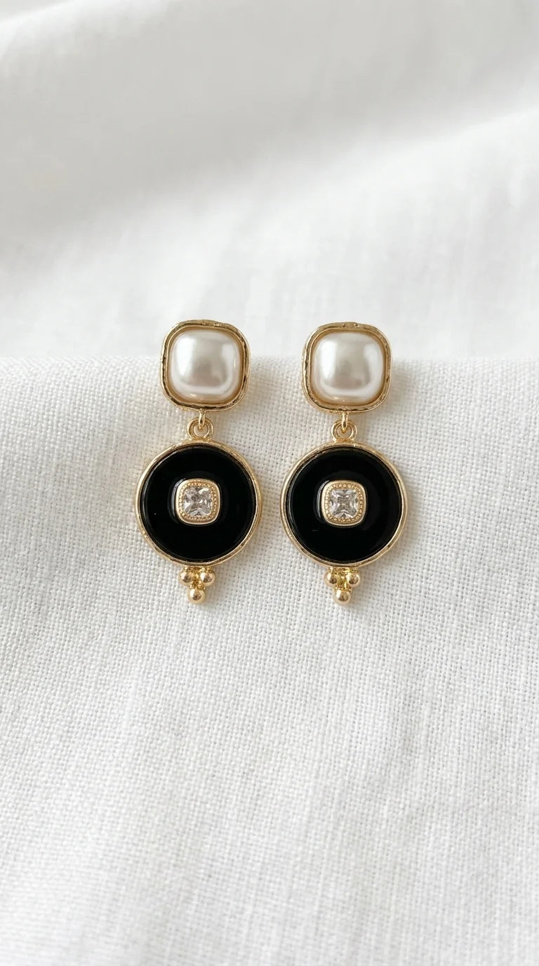 Gold & Pearl Black Drop Earrings