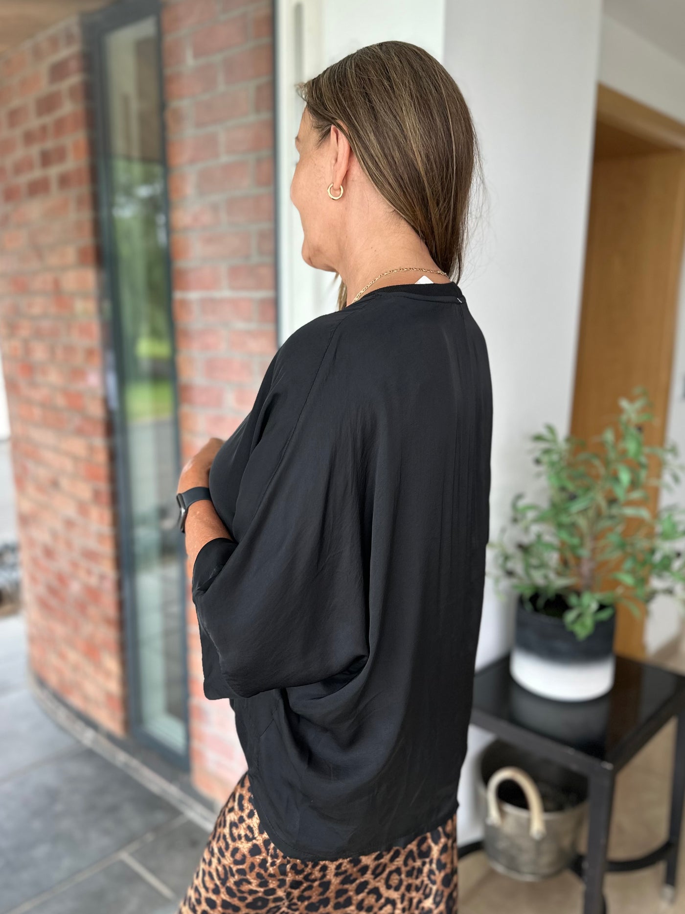 Black Satin Batwing Top