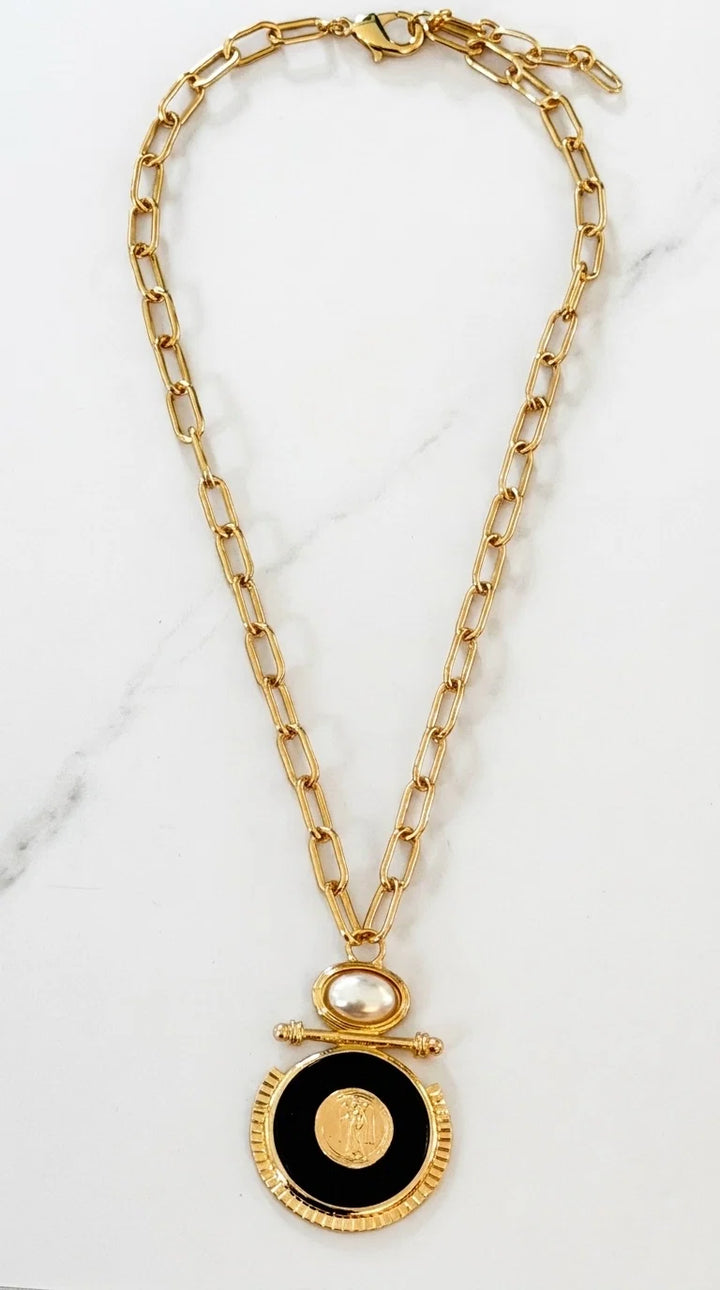 Gold Necklace with Black & Pearl Pendant