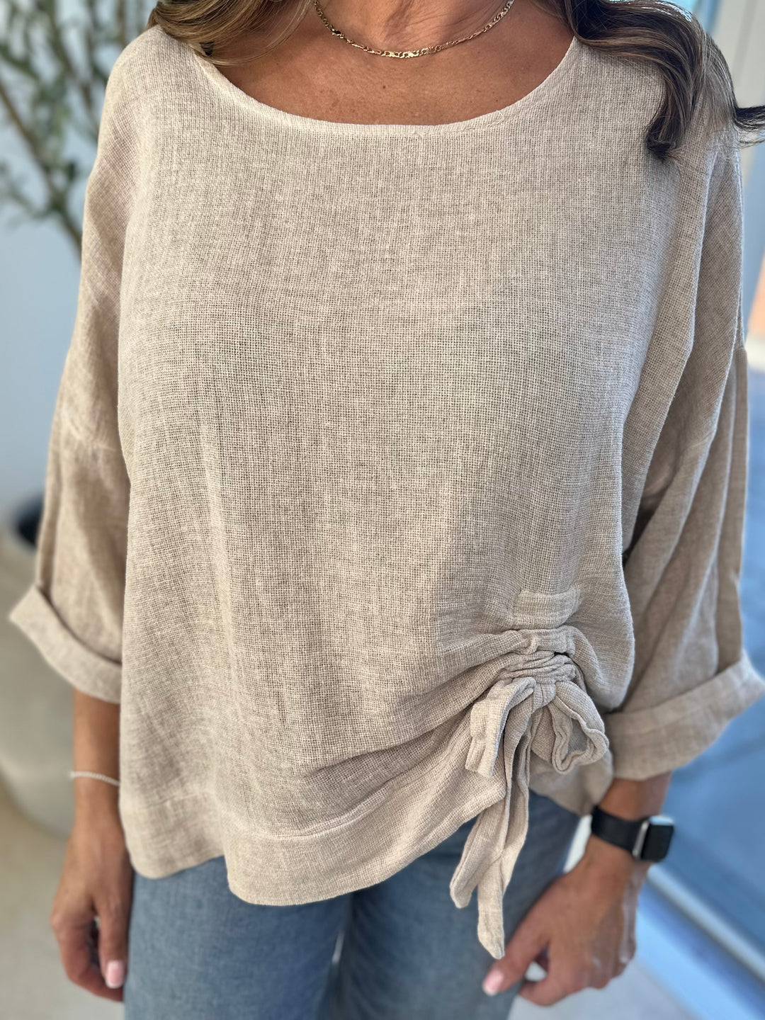 Stone Ruched Side Waffle Top