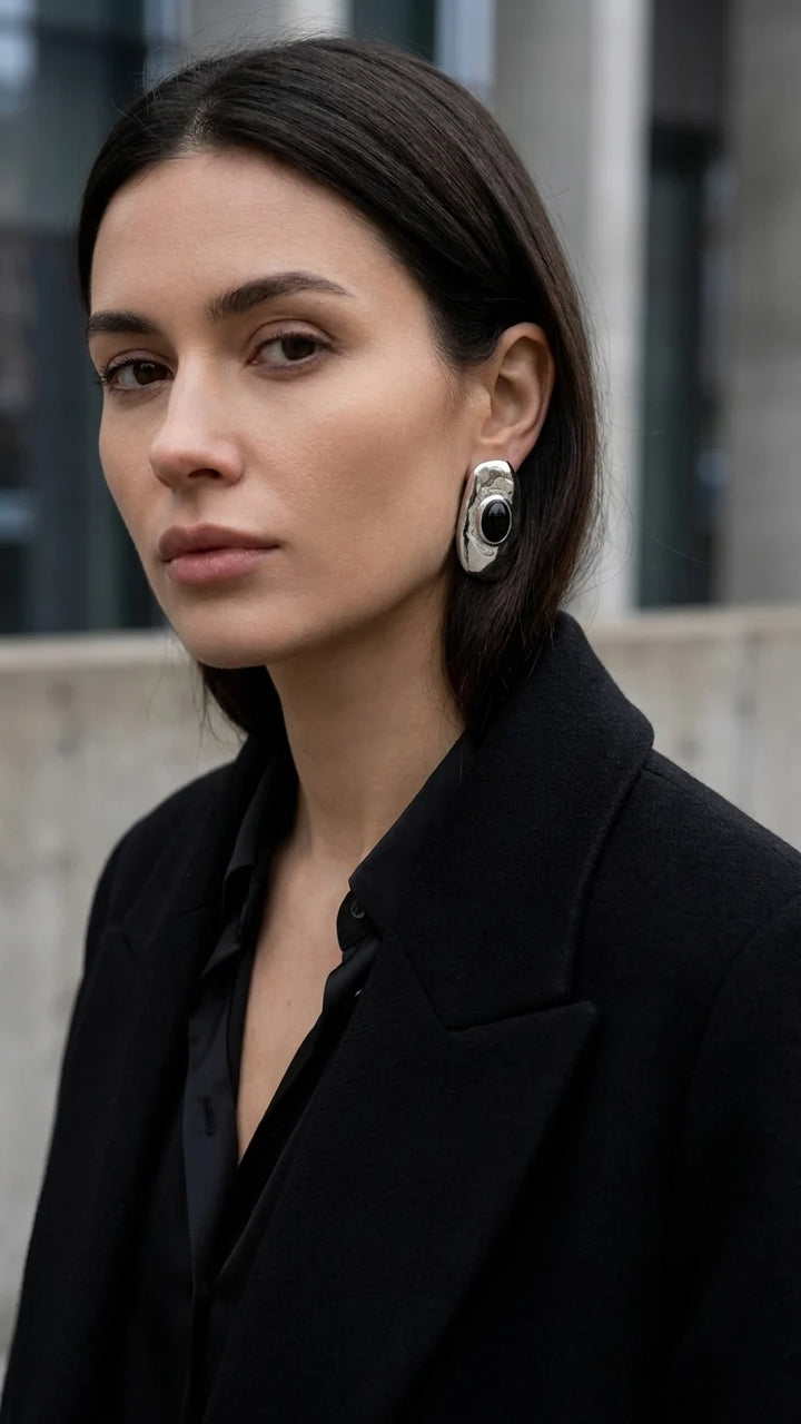 Silver & Black Irregular Oval Large Earrings