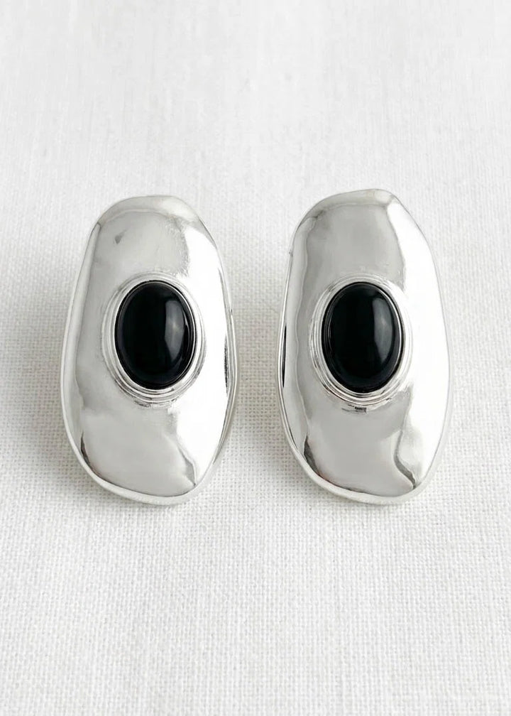Silver & Black Irregular Oval Large Earrings