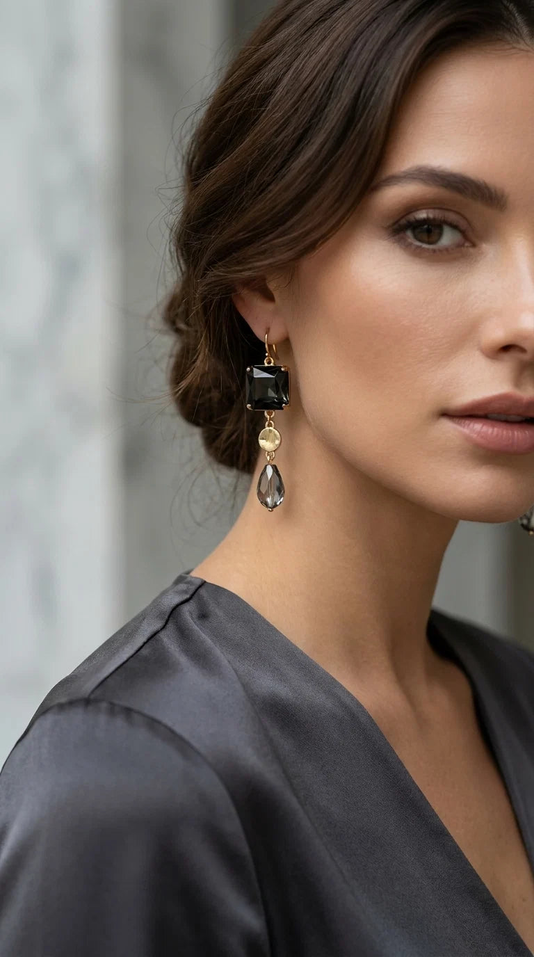 Gold & Grey Crystal Dropper Earrings