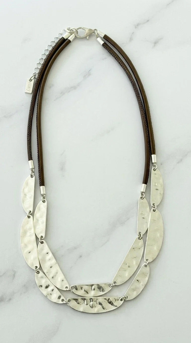 Grey Cord & Hammered Silver Necklace