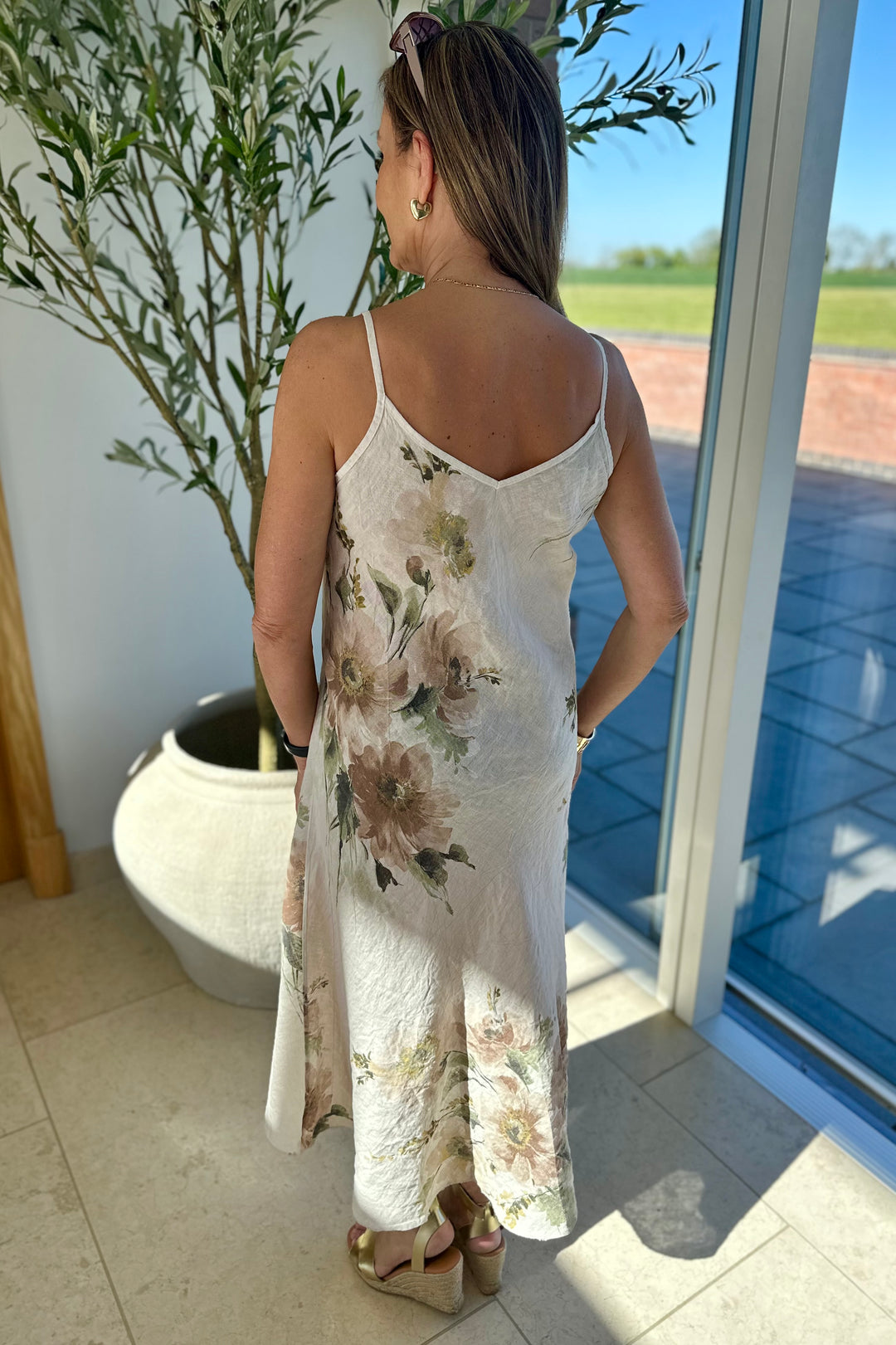 Stone Linen Flower Print Sun Dress