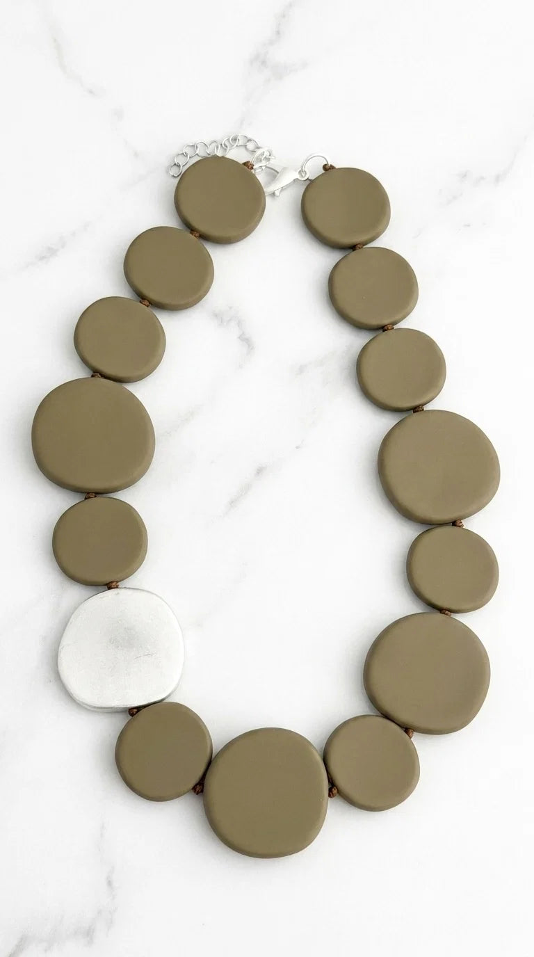 Taupe & Silver Flat Beaded Necklace
