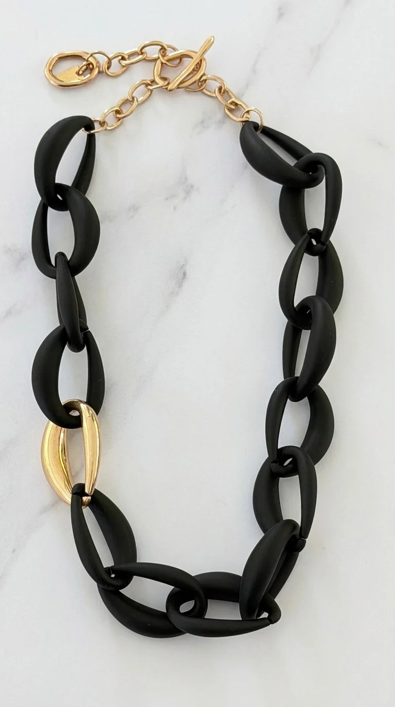 Matte Black & Gold Resin Link Necklace