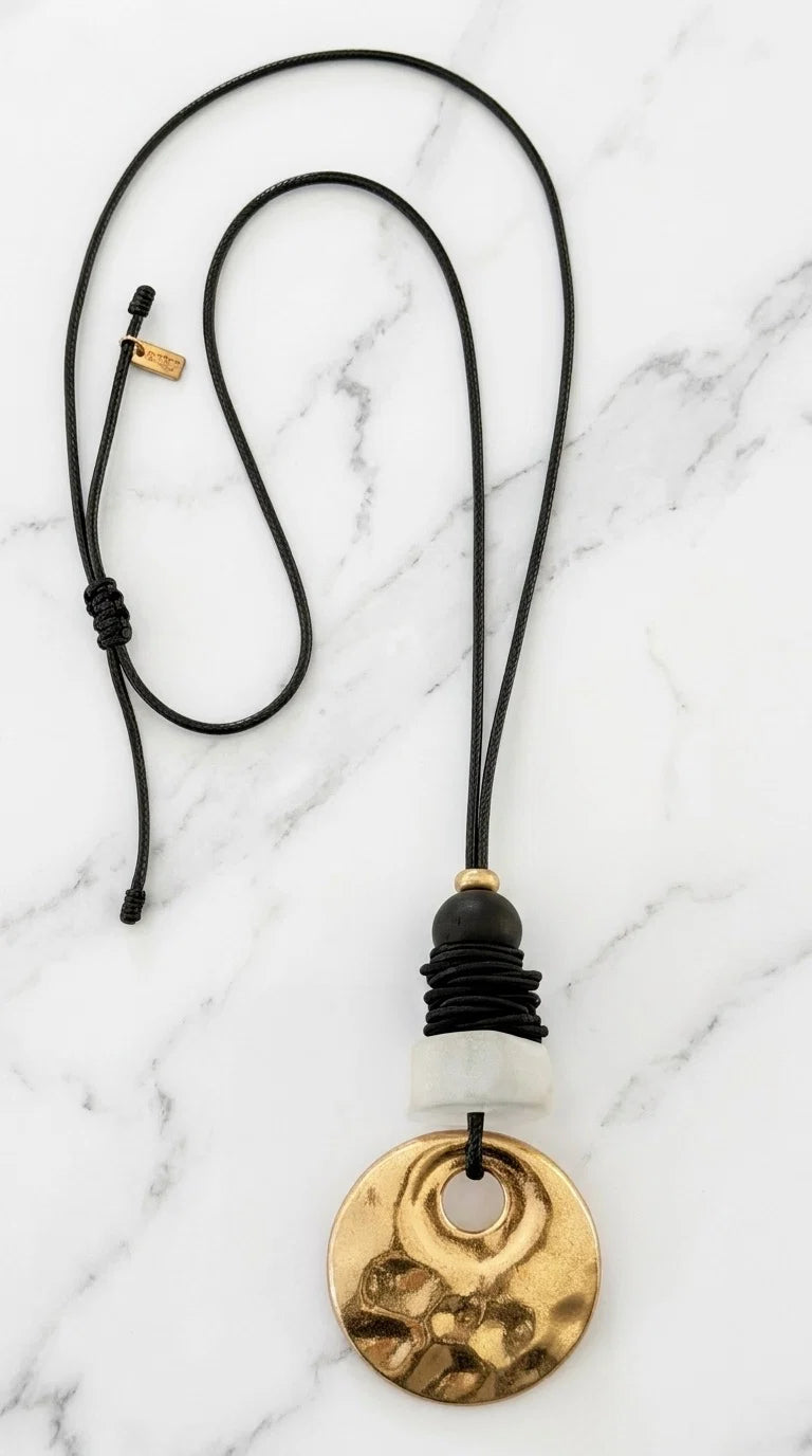 Hammered Gold Pendant Black Cord Necklace