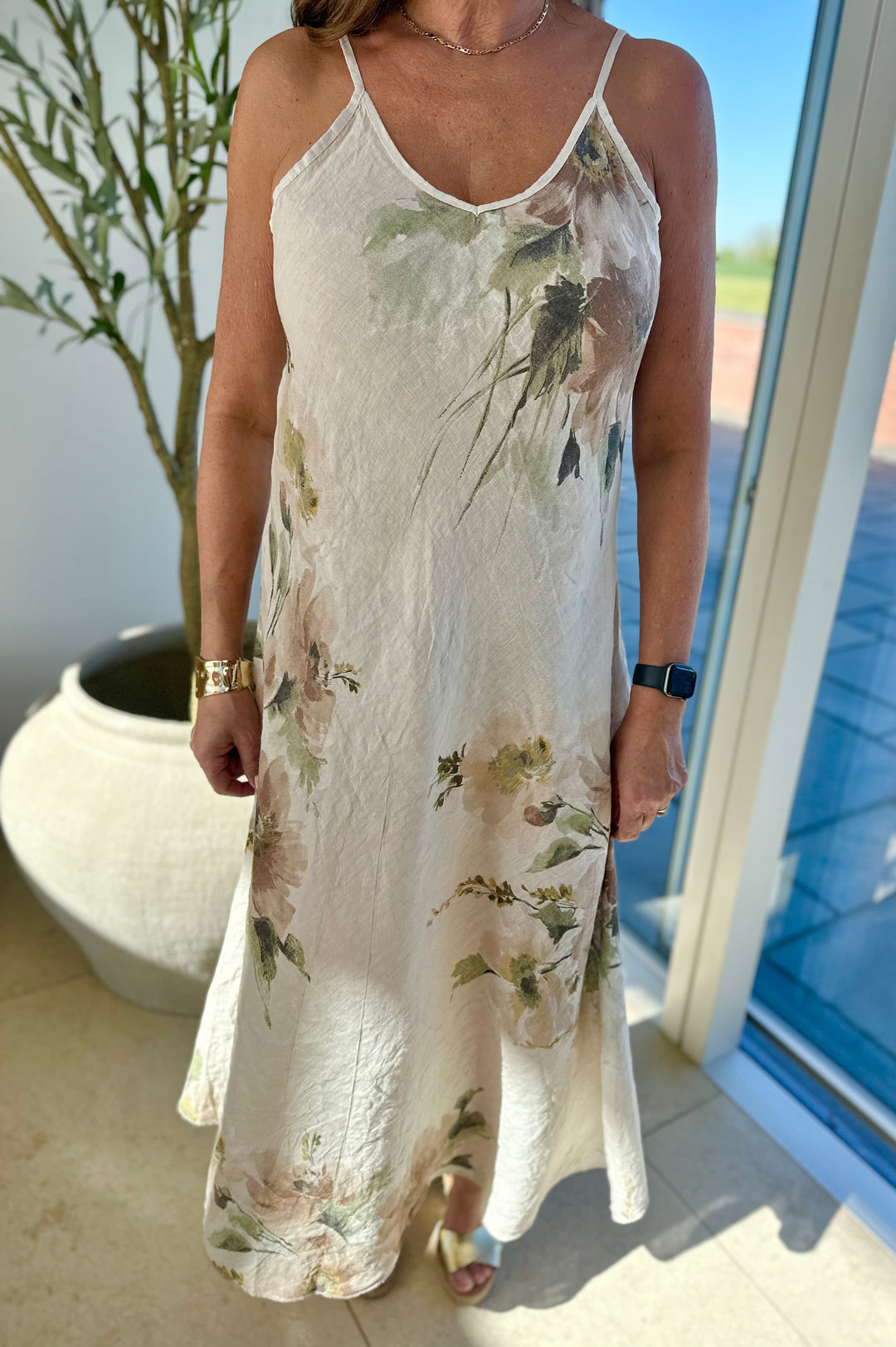 Stone Linen Flower Print Sun Dress