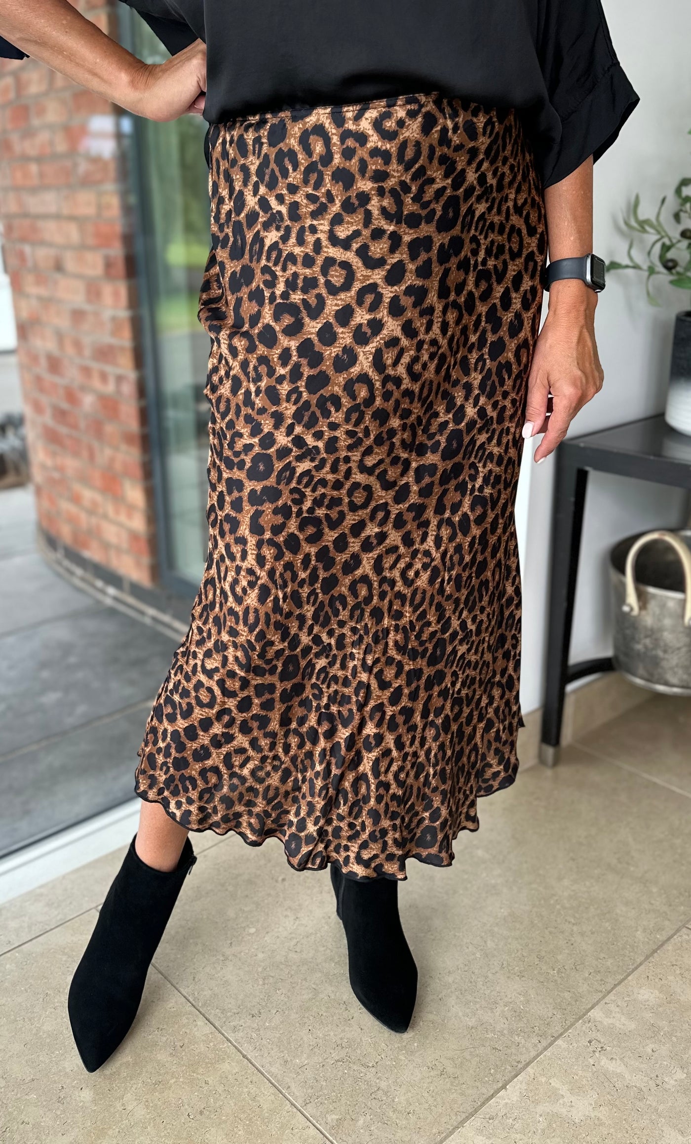 Leopard Satin Bias Midi Skirt