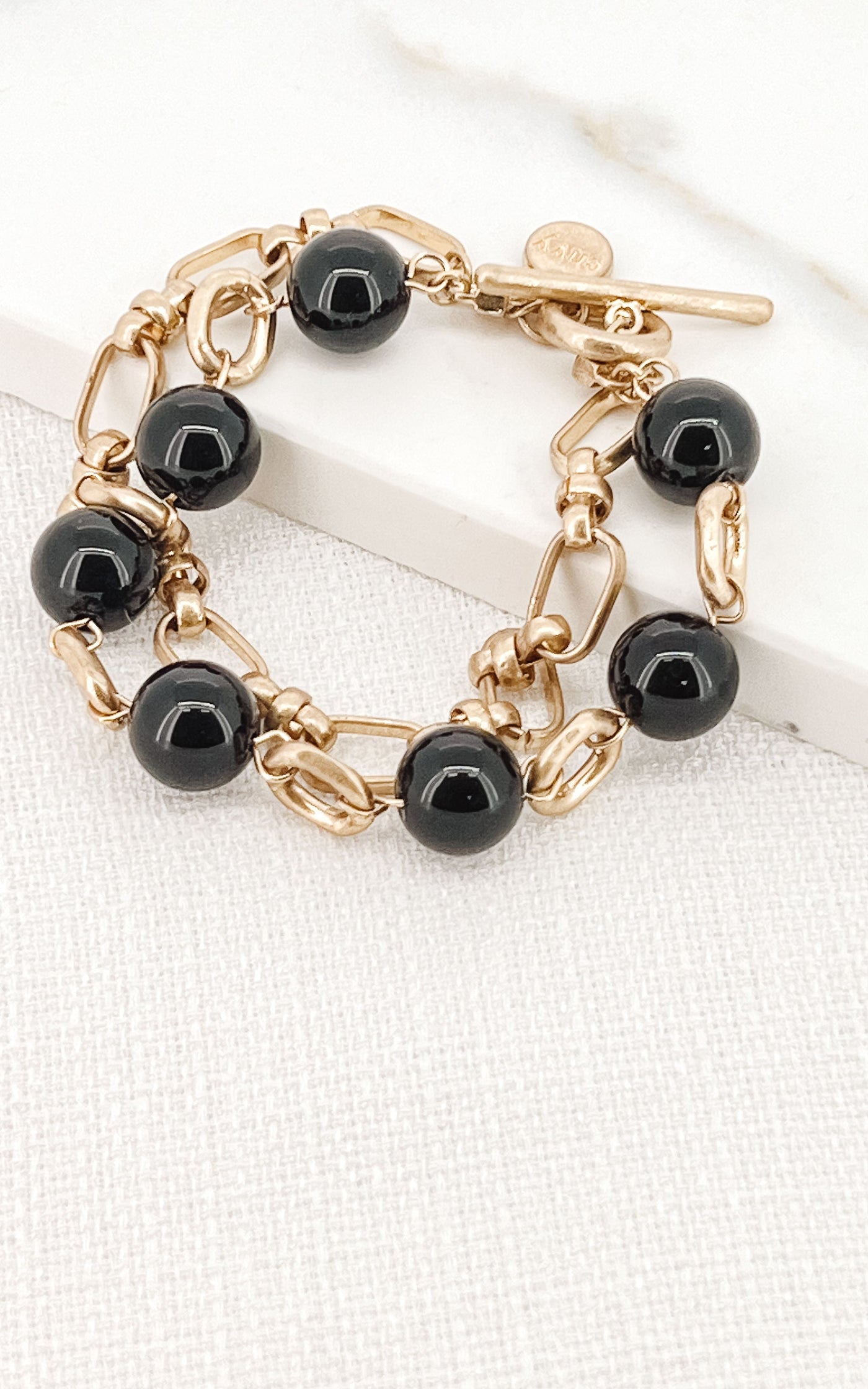 Gold & Black Large Bead 2 Layer Bracelet