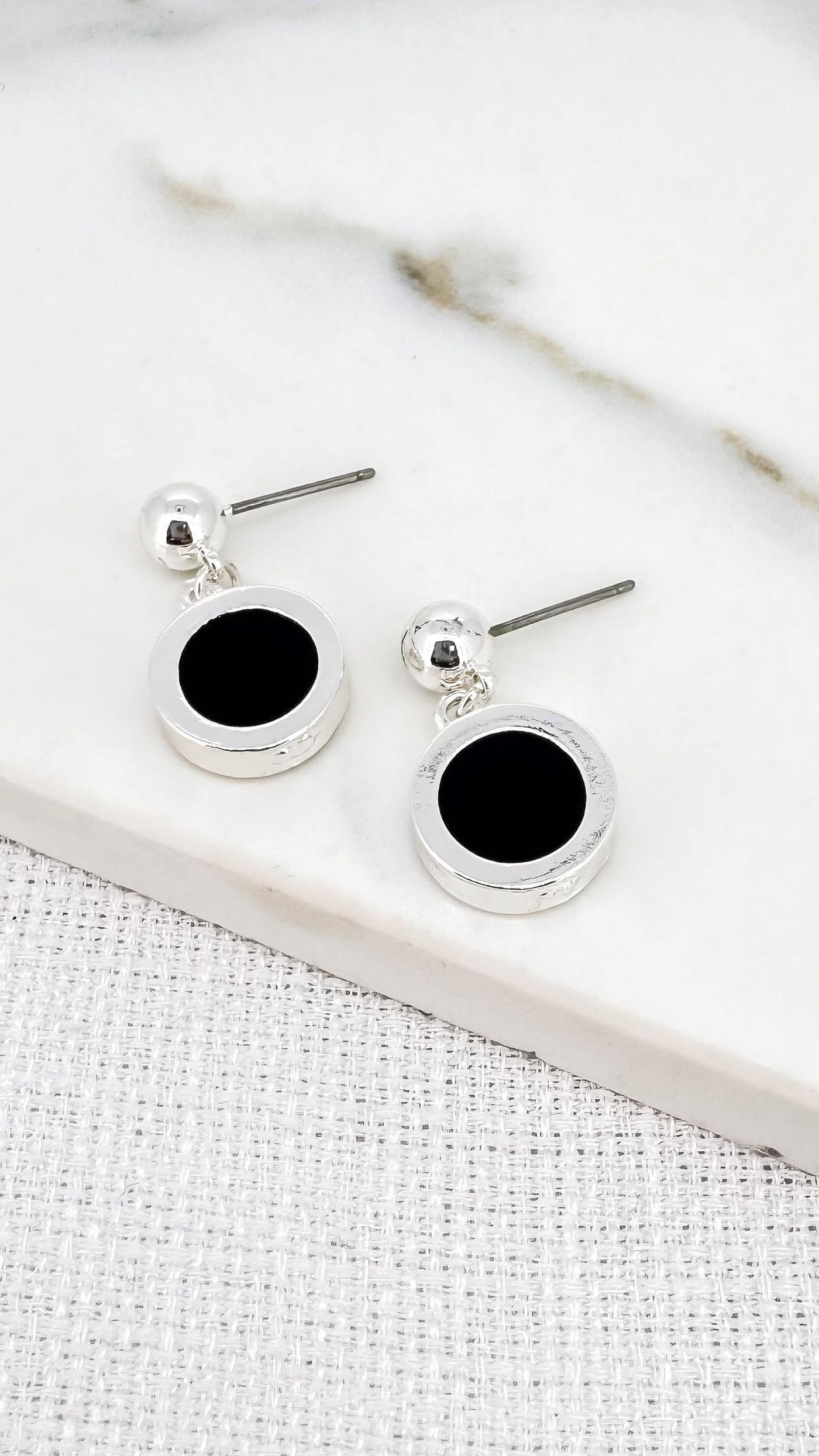 Silver & Black Circle Drop Earrings