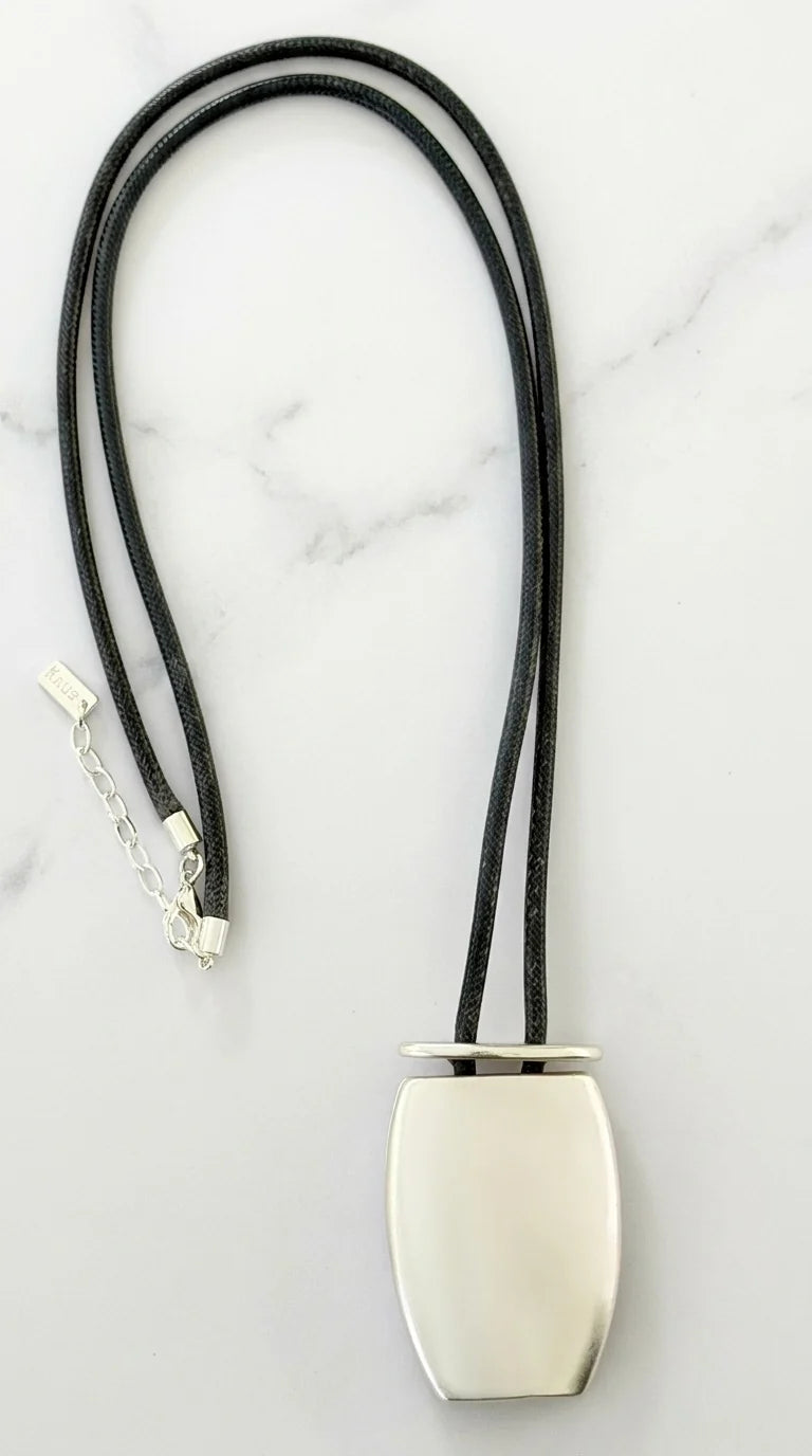Silver Pendant & Brown Long Cord Necklace
