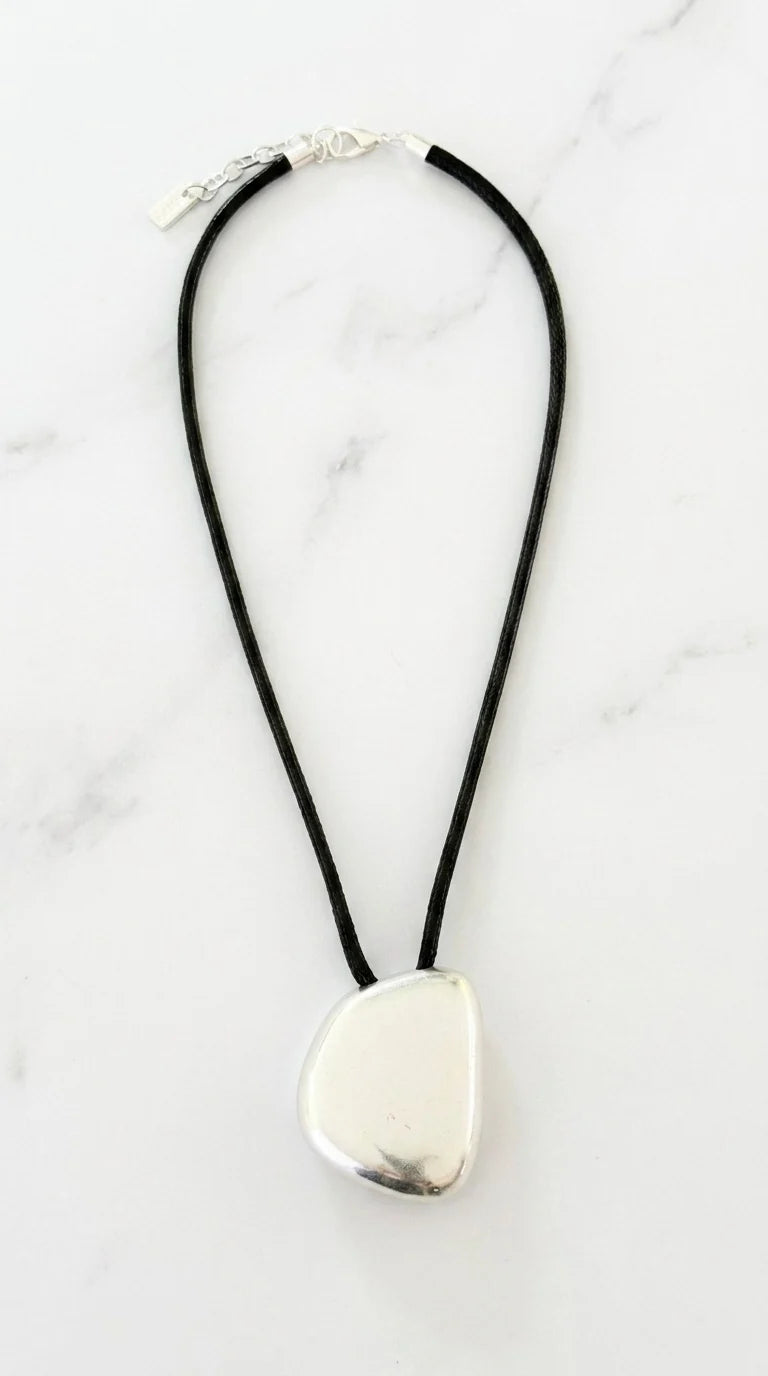 Black Cord & Silver Abstract Pendant Short Necklace