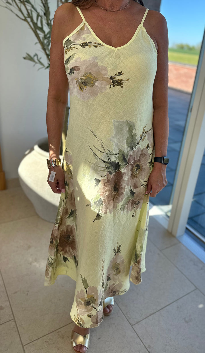 Yellow Linen Flower Print Sun Dress