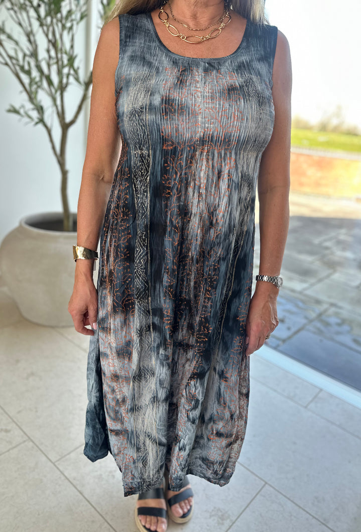 Black Tie Dye Shirred Summer Dress