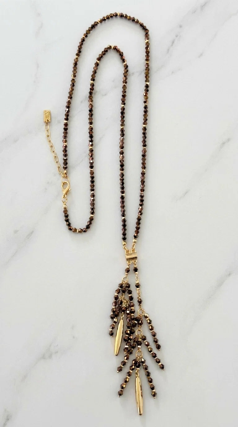 Brown Crystal Beaded Tassel Necklace