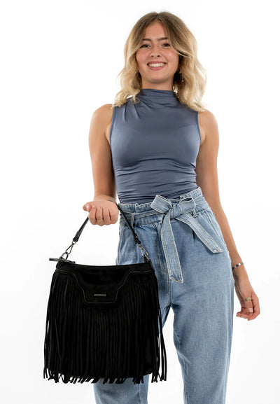 Black Fringed Faux Suede Bag