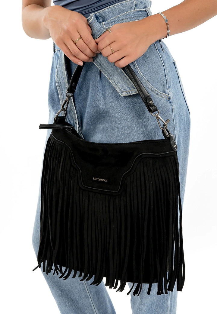 Black Fringed Faux Suede Bag