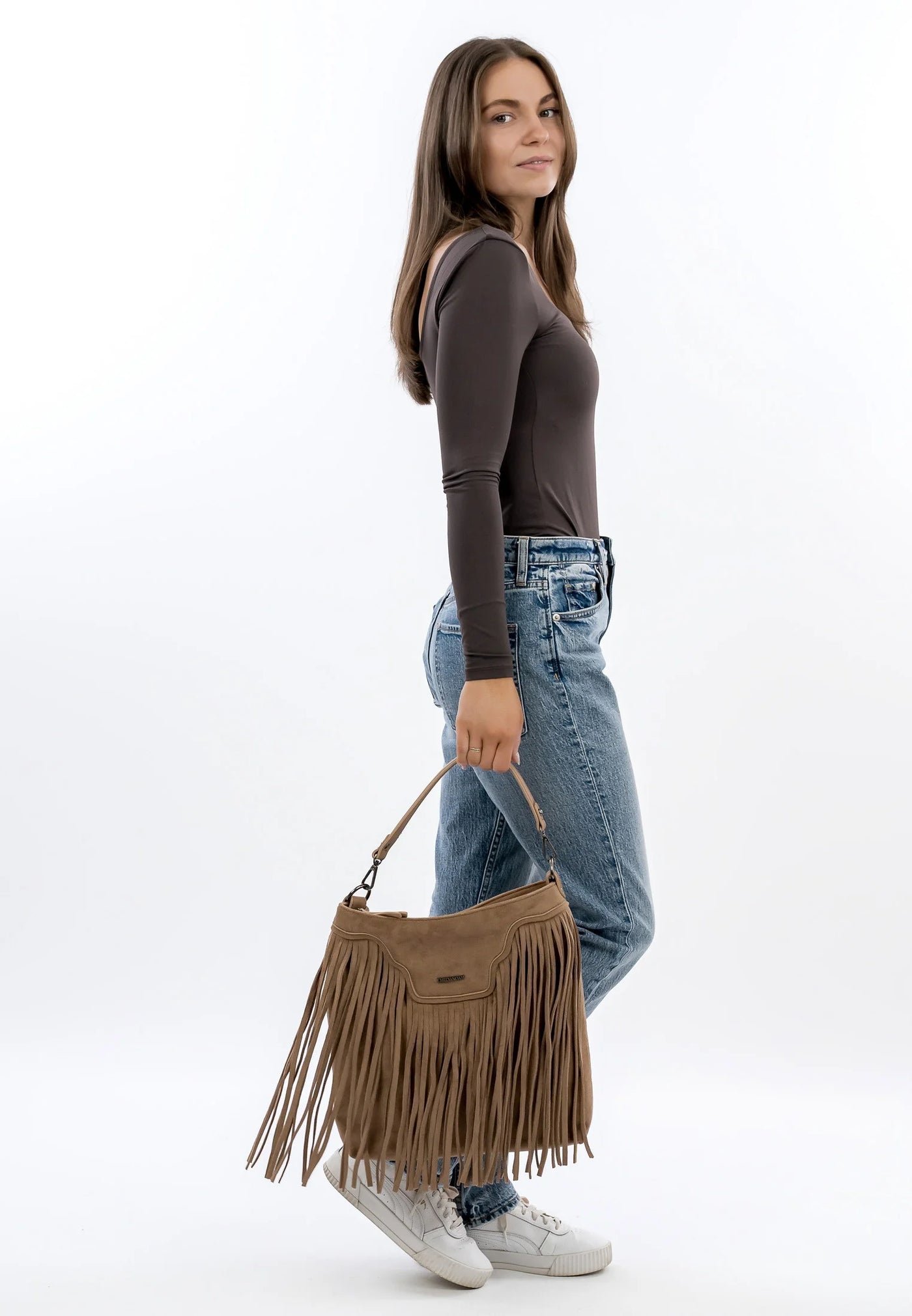 Sand Fringed Faux Suede Bag