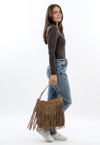 Sand Fringed Faux Suede Bag