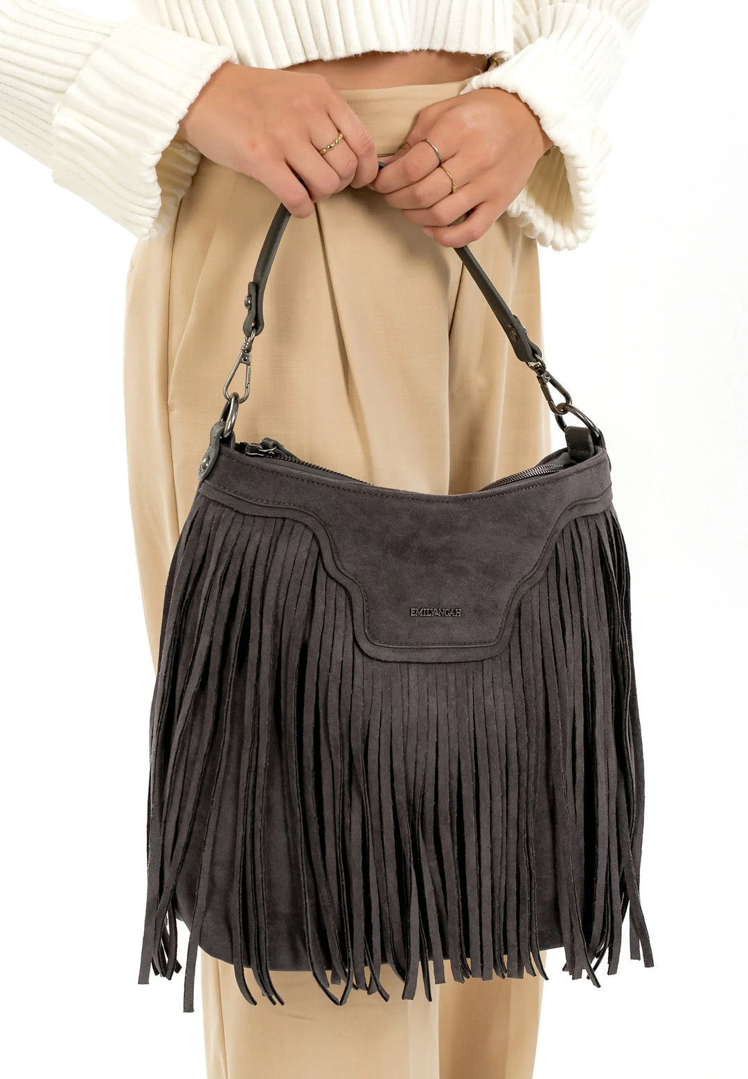 Grey Fringed Faux Suede Bag