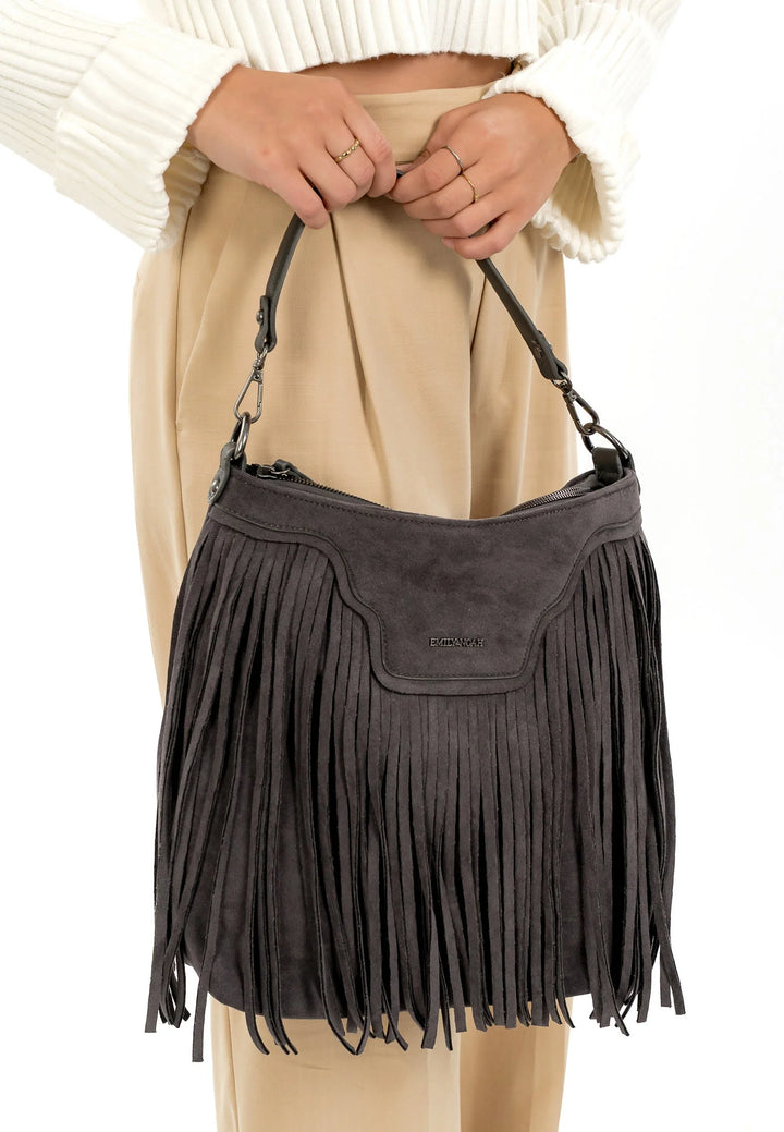 Grey Fringed Faux Suede Bag