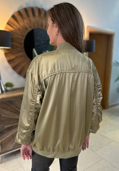 Byoung Khaki Satin Bomber Jacket