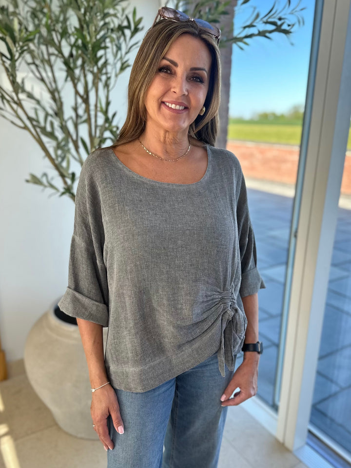 Charcoal Ruched Side Waffle Top