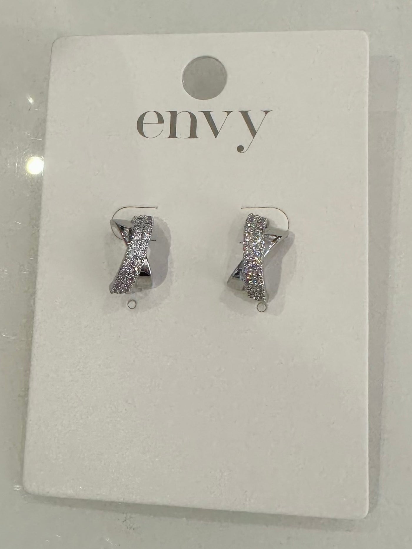 Silver Diamante Cross Half Hoop Earrings