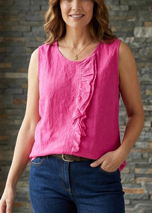Fuchsia Pink Ruffle Detail Linen Top